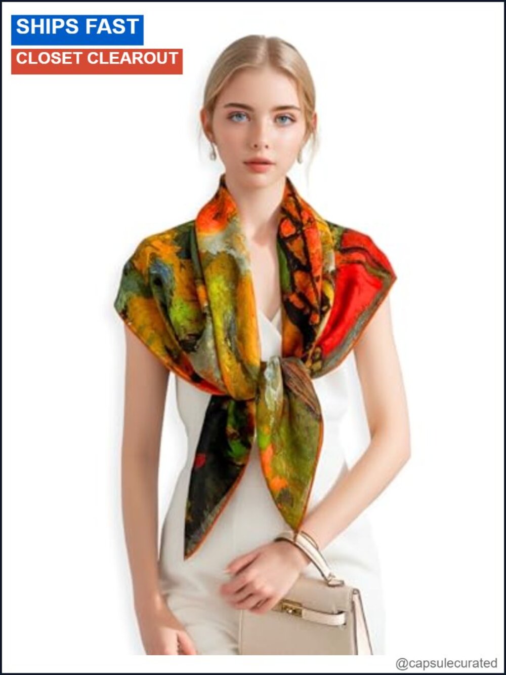 100% Cashmere Square Art Print Scarf, 36x36, Versatile Wrap
